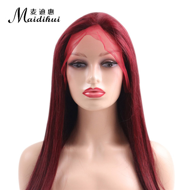 13X4直T型人(rén)發蕾絲紅(hóng)色假發